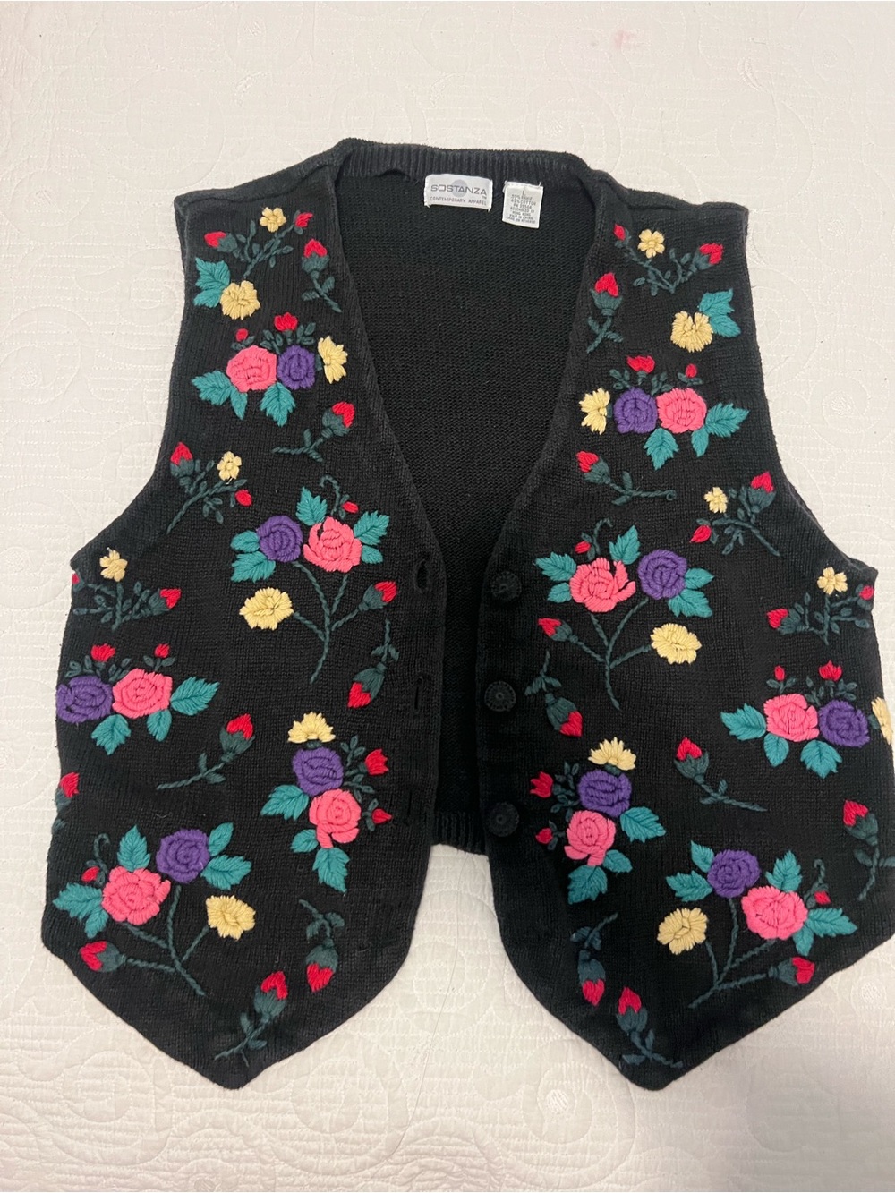 Vintage 80’s Black Floral Embroidered Women's Sweater Vest (size large).